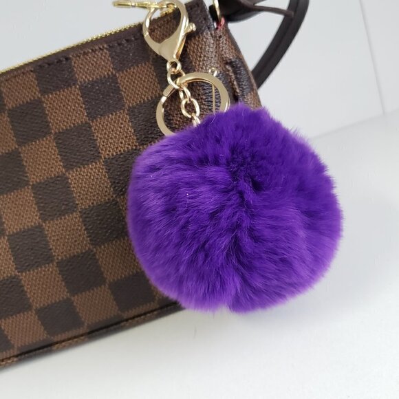 Genuine Rex Rabbit Fur PomPom Keychain Purse Charm Dark Purple - Picture 2 of 4